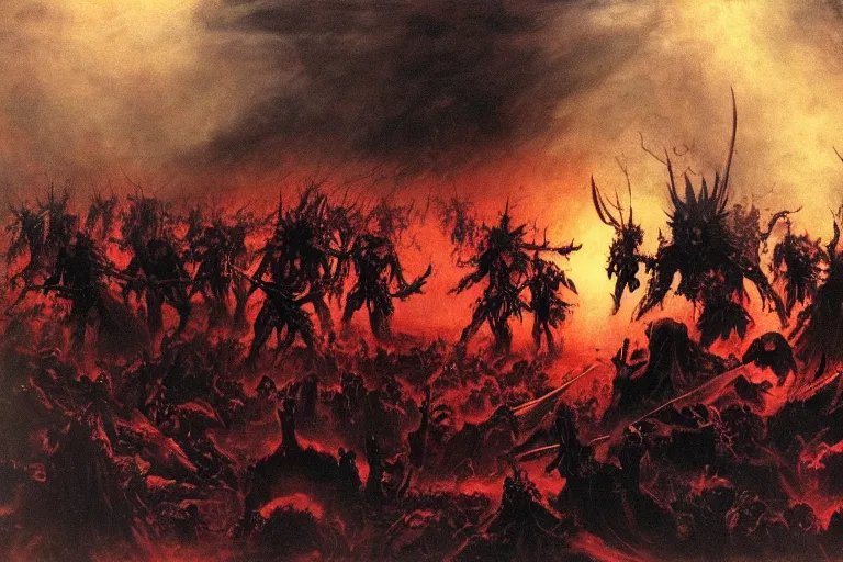 Image similar to undead army emerging from a lake of blood guided by the angel of death, dramatic lighting by Frank Frazetta