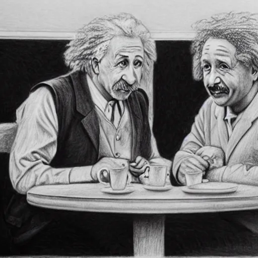 Image similar to Einstein and Newton sitting at cafe, pencil drawing, ultra detailed