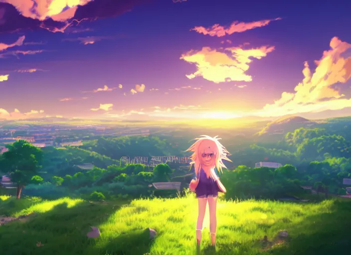 Prompt: very high quality illustration of green hills with clouds in the background, golden hour sunset, purple beautiful sky, cute anime girl with platinum blonde hair and big eyes, close to foreground, anime key visual, official media, illustrated by wlop, extremely detailed, 8 k, trending on pixiv, cinematic lighting, beautiful