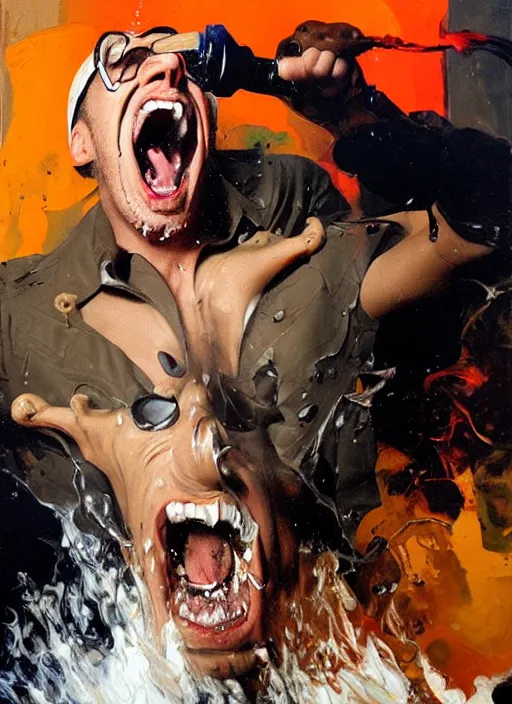 Prompt: blippi pouring boiling milk on dwayne johnsons skull, screaming, pointing, enraged, painting by phil hale, 'action lines'!!!, graphic style, visible brushstrokes, motion blur, blurry