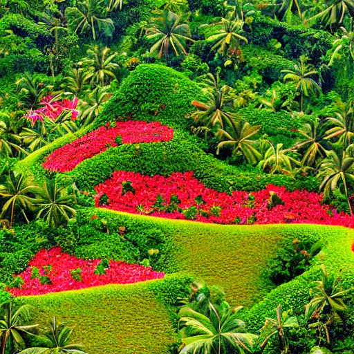 Image similar to an elaborate hibiscus garden in the middle of the Chocolate Hills, Bohol, detailed photograph, 4k