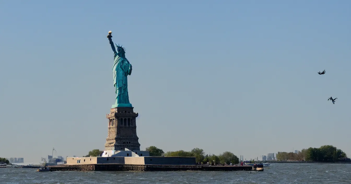 Prompt: statue of liberty jumping into water