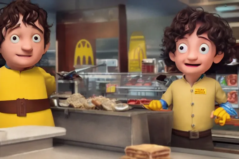 Prompt: film still of frodo working at mcdonalds in the new batman movie, still from a pixar movie, high quality 3 d render, movie, pixar, renderman, 4 k, artstation