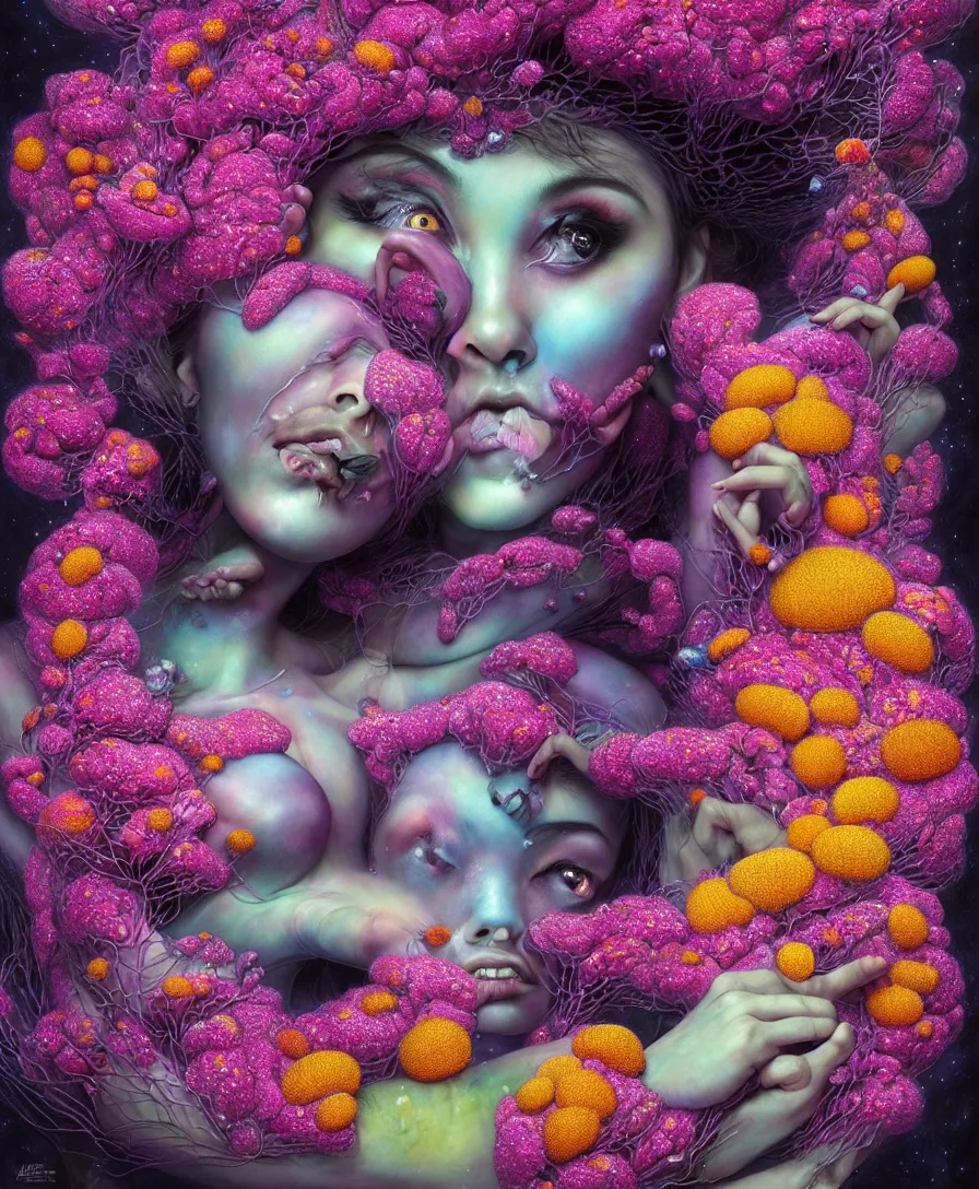 Prompt: hyper detailed 3d render like a Oil painting - kawaii portrait Aurora demon (ancient black haired Fae acrobat) seen Eating of the Strangling network of yellowcake aerochrome and milky Fruit and Her delicate Hands hold of gossamer polyp blossoms bring iridescent fungal flowers whose spores black the foolish stars by Jacek Yerka, Mariusz Lewandowski, Houdini algorithmic generative render, Abstract brush strokes, redshift render, Masterpiece, Edward Hopper and James Gilleard, Zdzislaw Beksinski, Mark Ryden, Wolfgang Lettl, hints of Yayoi Kasuma, extremely detailed, 8k