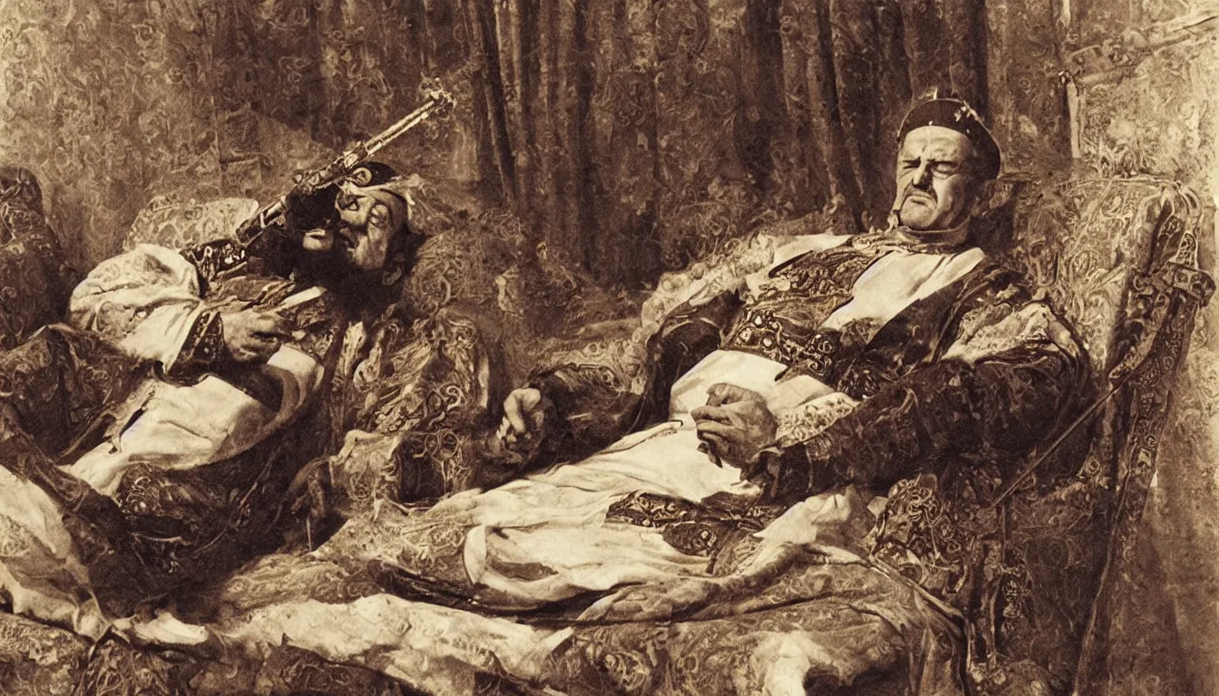 Image similar to turkish emperor smoking a hookah while laying down