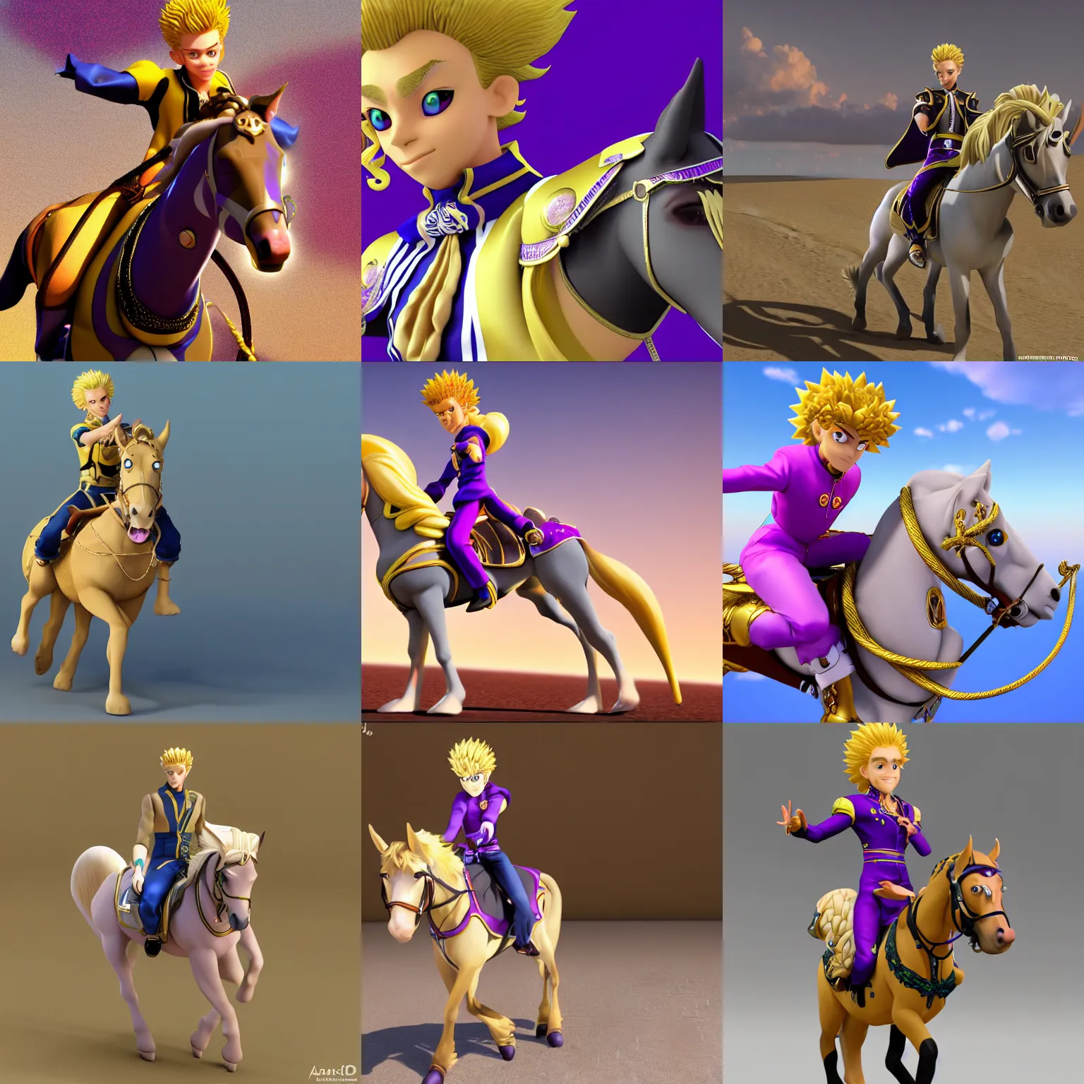 Prompt: a 3d render of jojo\'s bizarre adventure character giorno giovanna riding a horse, Disney Tangled style, hd