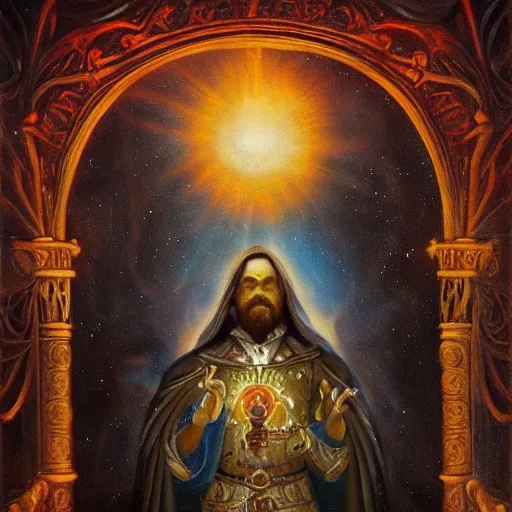 Prompt: the emperor card detailed oil painting, detailed, mystical, religious composition, character concept art, occult, alchemical,