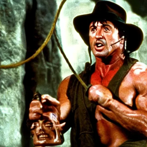 Prompt: sylvester stallone as indiana jones with a whip in his hand, holding a golden mayan skull, in a cave full of traps