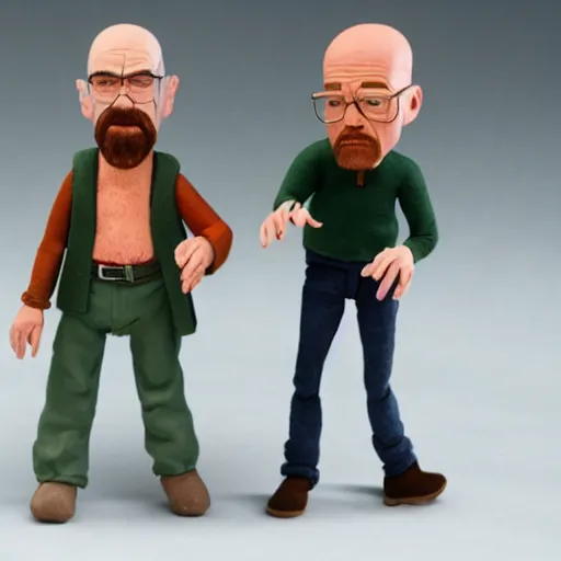 Image similar to two claymation figures of walter white and jesse pinkman, studio lighting