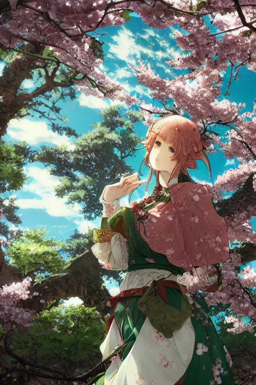 Image similar to the emerald herald under a cherry blossom tree, hidari, color page, tankoban, 4K, tone mapping, Akihiko Yoshida