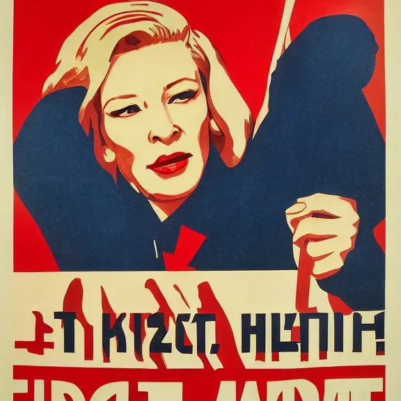 Image similar to soviet propaganda poster with cate blanchett calling on the world community to fight against Nazism, Ultra Detailed, high resolution, soviet realism