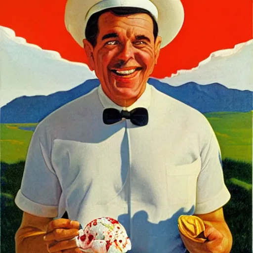 Prompt: ice cream man holding an ice cream scoop up, wearing a white hat, smiling cheerfully, chesley bonestell, vincent di fate