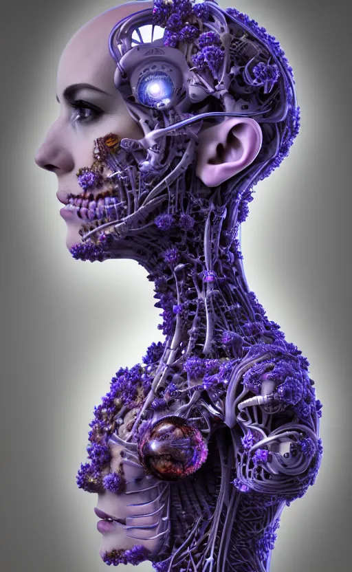 Image similar to 3D render of a beautiful profile face portrait of a female cyborg, 150 mm, flowers, Mandelbrot fractal, anatomical, flesh, facial muscles, wires, microchip, veins, arteries, full frame, elegant, highly detailed, flesh ornate, elegant, high fashion, rim light, octane render in the style of H.R. Giger
