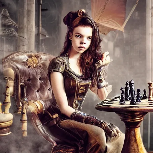 Prompt: anya taylor - joy playing chess, steampunk, high detail, digital art