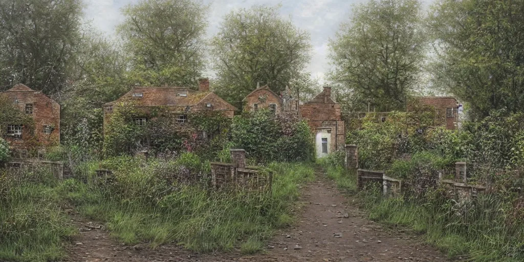 Prompt: A detailed painting of an abandoned building house garden by Lee madgwick. Shrubs. Graffiti. Set in an English countryside landscape. by Lee madgwick