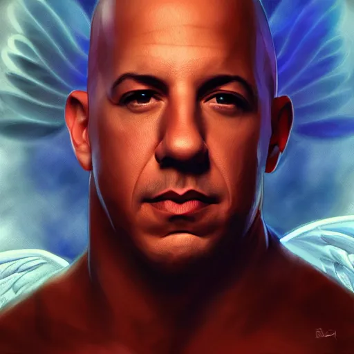 Prompt: Portrait of Vin Diesel as a angel with a halo above the head, digital art, trending on artstation, detalied,