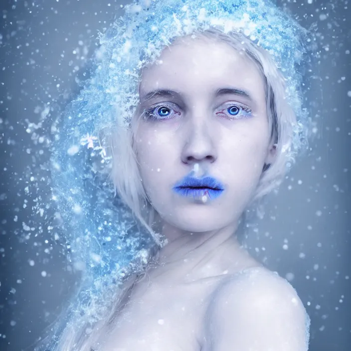 Prompt: a sickly looking young woman dying of hypothermia, with very white skin and pale blue hair wearing a long white dress made out of snowflakes in the middle of a heavy snowstorm. pale cold blue lips. full body digital portrait by maromi sagi