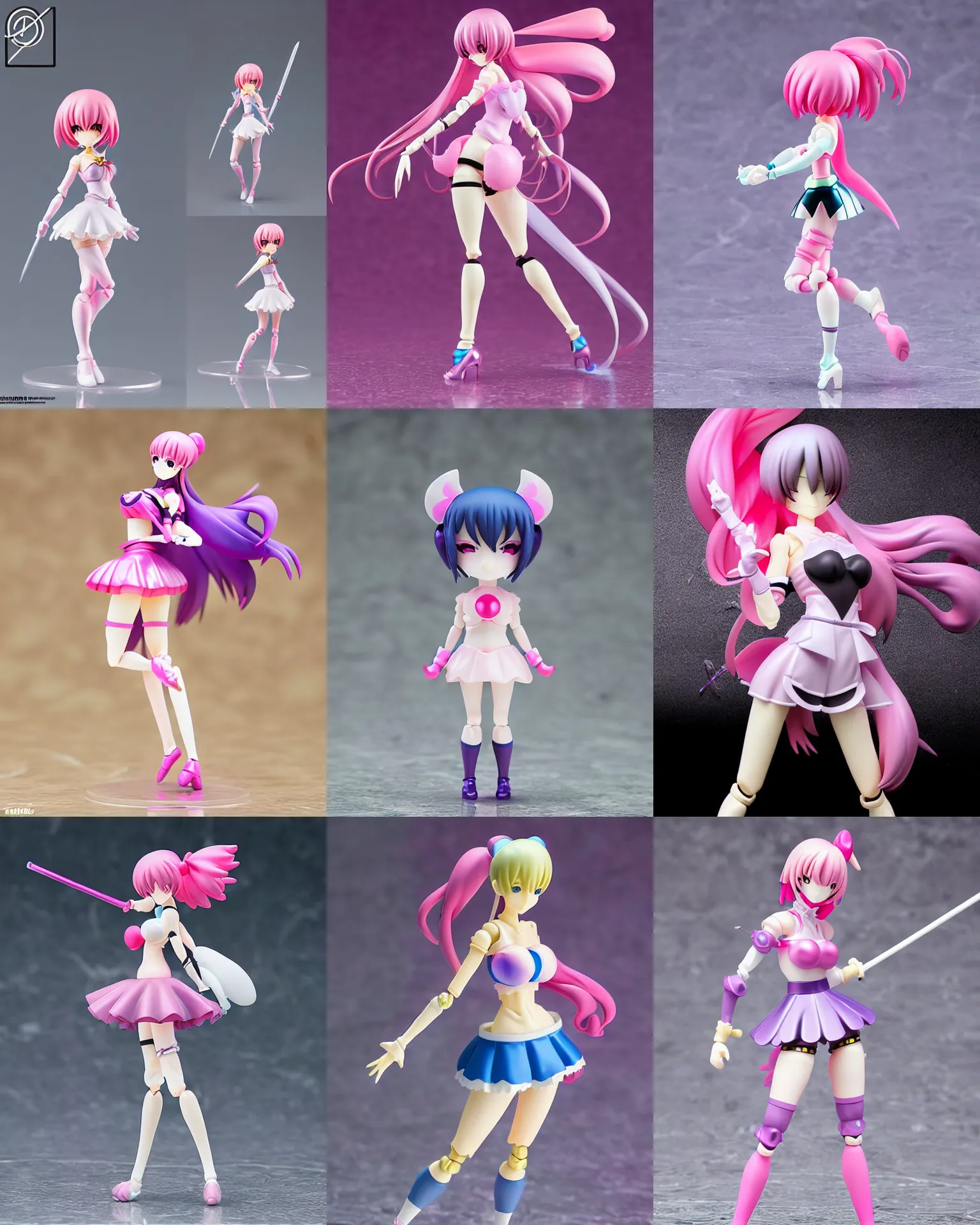 Prompt: figma isolated vinyl figure voluptuous harajuku cute magical girl character design, figure photography, dynamic pose, holographic undertones, motion shapes color design, glitter accents on figure, anime stylized, sharp focus, accurate fictional proportions, high delicate defined details, ethereal lighting, global awarded