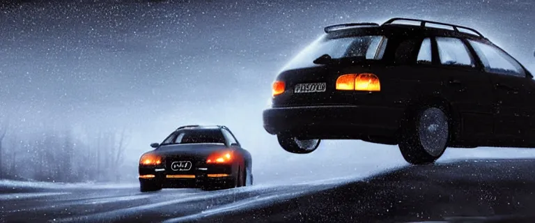 Image similar to Audi A4 B6 Avant (2002), a gritty neo-noir, Robot horror, dramatic bright lighting, cinematic, establishing shot, extremely high detail, photorealistic, cinematic lighting, artstation, by simon stalenhag, Snowy italian road, Snowy Apennines, At night, Poets of the Fall - Late Goodbye