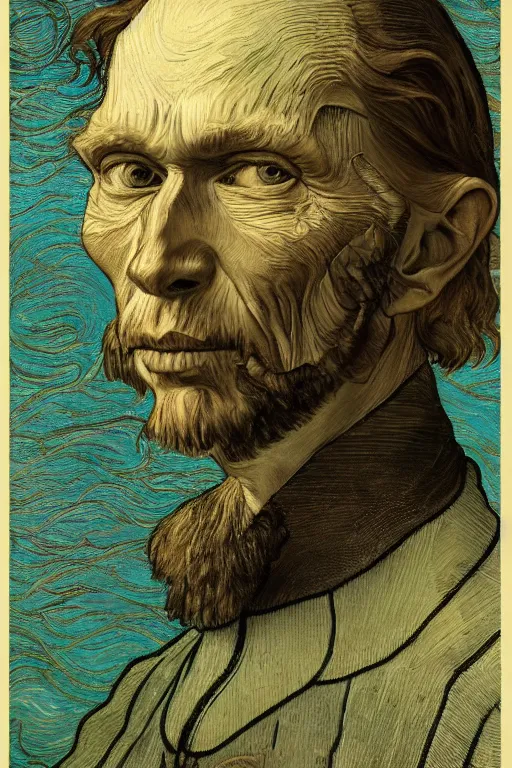 Prompt: realistic detailed portrait of van goh by denis villeneuve, amano, yves tanguy, alphonse mucha, ernst haeckel, max ernst, roger dean, ridley scott, dynamic closeup