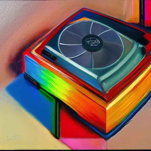 Prompt: a painting by Wayne Thiebaud of an RGB gaming pc, fan cooling, high specs, ethereal, by Wayne Thiebaud