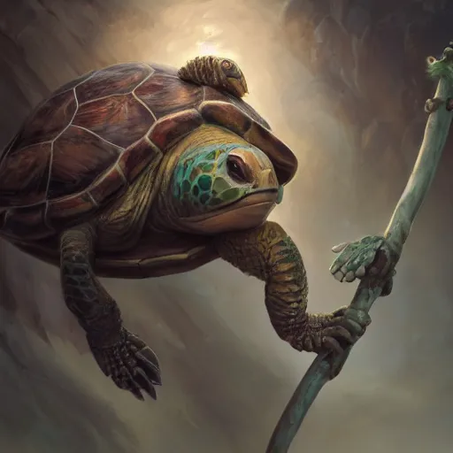 Prompt: cute wise sage turtle holding a staff, wearing a cloak, subsurface scattering, by jesper ejsing, justin gerard, tomasz alen kopera, cgsociety and fenghua zhong, highly detailed, rim light, cinematic lighting, illustration, art, octane render, very coherent, cinematic, hyper realism, high detail, octane render, 8 k