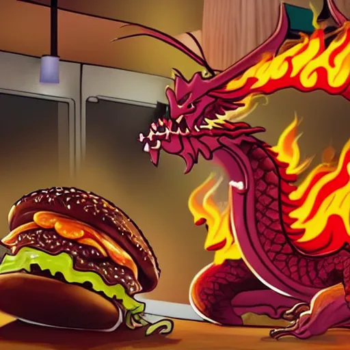 Prompt: dragon blowing fire from mouth surrounded by cheeseburgers, highly detailed, movie still