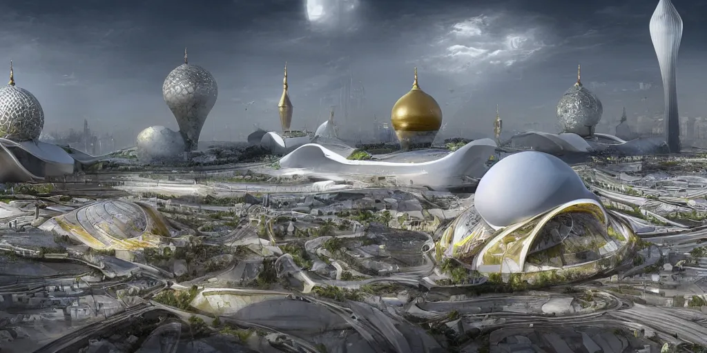 Image similar to Zaha Hadid city with dome and mosque and arch in baghdad in a Fantasy world and photo inspired by Where weird things happen by Daniele Gay on art station , le corbusier model on the ground inspired by Mining by Risa lin on art station