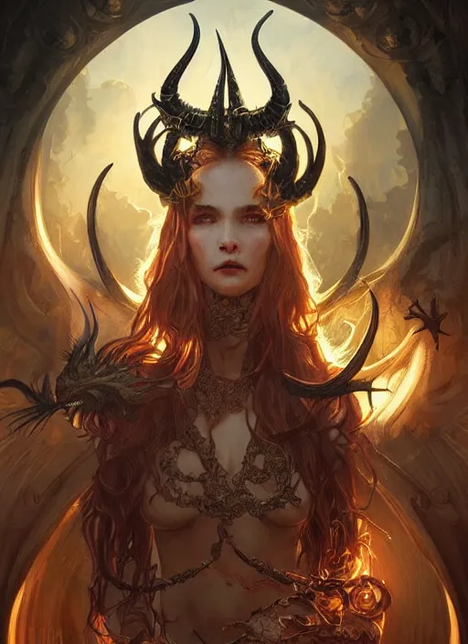 Image similar to a beautiful illustration of a satanic witch with horns in head holding a dragon, intricate, sharp focus, illustration, highly detailed, digital painting, concept art, matte, art by wlop and artgerm and greg rutkowski and alphonse mucha, masterpiece