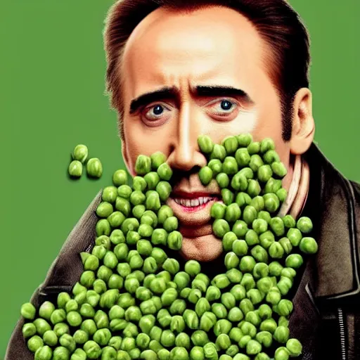 Image similar to nicolas cage trapped in a wicker cage with peas on his face, looking up, not the bees