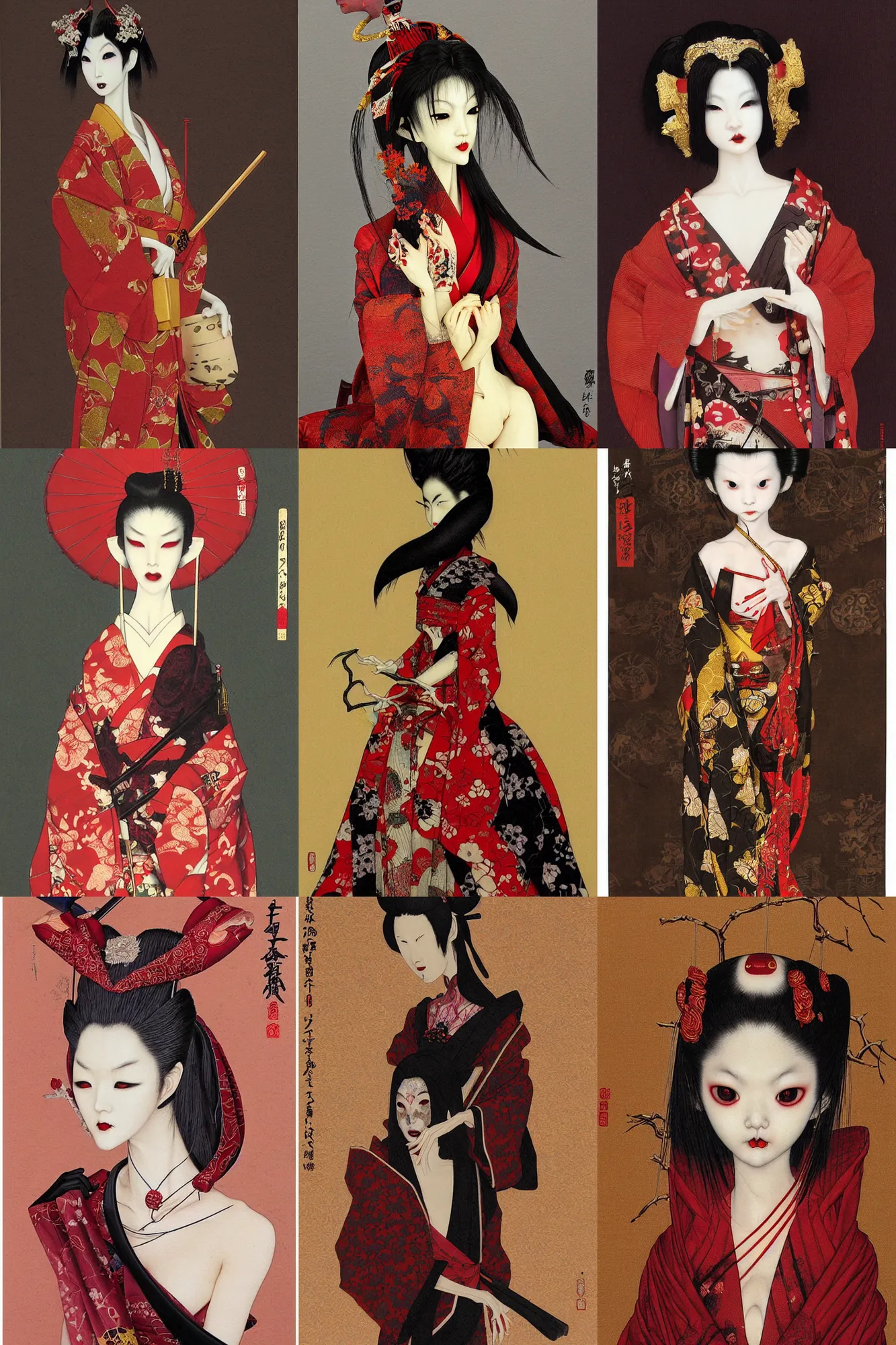 Prompt: painting of a japanese bjd geisha vampire with a long neck by brain froud, dave dorman, takato yamamoto in the style of dark - fantasy, red, gold black