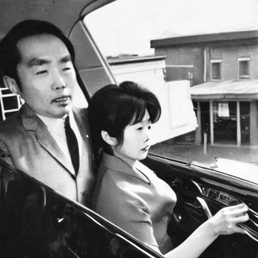Image similar to 1960s press archive of the actress Choi Eun-Hee and director Shin Sang-ok coming out of a car, faces obscured, Reuters, 35mm film, film grain, mysterious exterior, underexposed