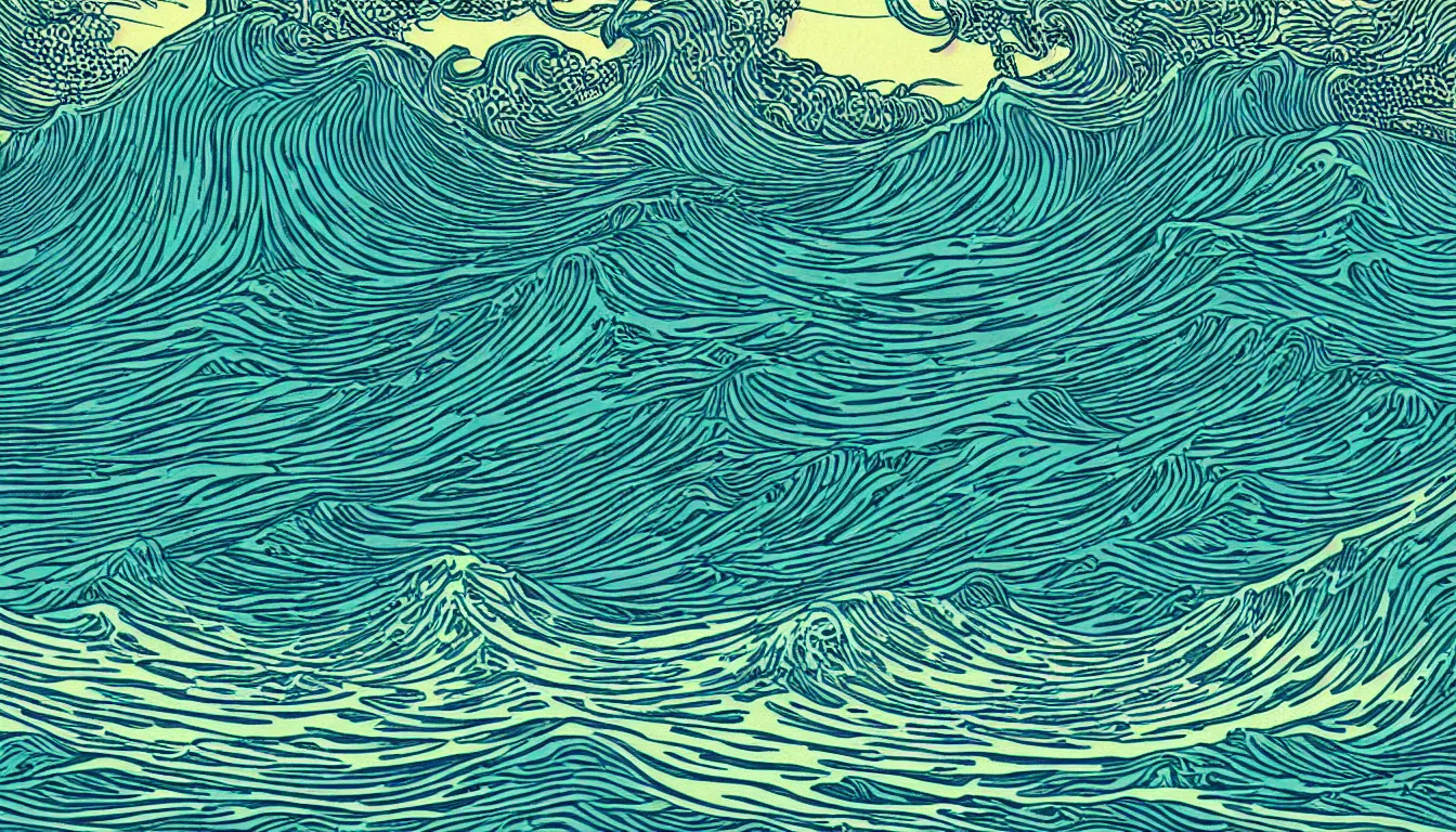 Prompt: ocean wave, land in sight by Kilian Eng, minimalist, detailed, woodblock print