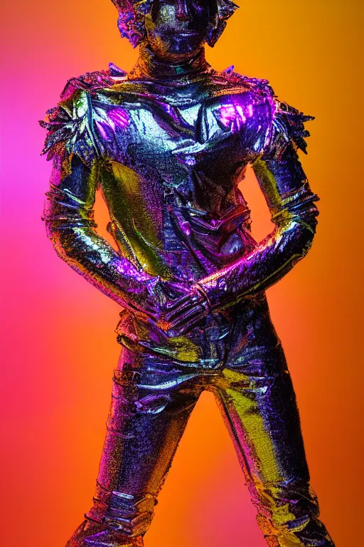Image similar to hyper detailed ultra sharp photoshoot of baroque and bladerunner crystalline sapphire sculpture of seductive adrien sahores neon tigers iridescent humanoid deity wearing metallic hoody made out of banana leaves holding the sun prismatic dungeon, glowing rainbow face, crown of white diamonds, cinematic lighting, photorealistic, octane render 8 k depth of field 3 d