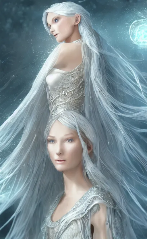 Image similar to an elven woman with long, silver hair cascading down her back. she has delicate, angular features and piercing blue eyes. she's clad in a flowing white dress with intricate silver embroidery, dynamic lighting, photorealistic fantasy concept art, trending on art station, stunning visuals, creative cinematic, ultra detailed