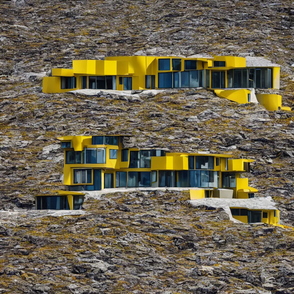 Image similar to a big mid-century modern house on top of a cliff in the arctic, designed by Frank Gehry, with a long gravel pathway towards it. Big tiles. Film grain, cinematic, yellow hue