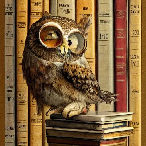 Image similar to long shot of a very cute plushy tired owl sitting on a pile of antique books, by esao andrews, by james jean, humorous illustration, hyperrealistic, big depth of field, fresh colors, dim light, 3 d octane render conceptart, 4 k, hyperdetailed, trending on artstation