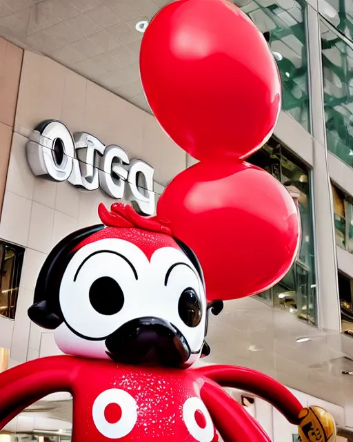 Prompt: target mascot bullseye in front of target logo artistic ad campaign closeup Portrait photo Leica Zeiss red balloons everywhere