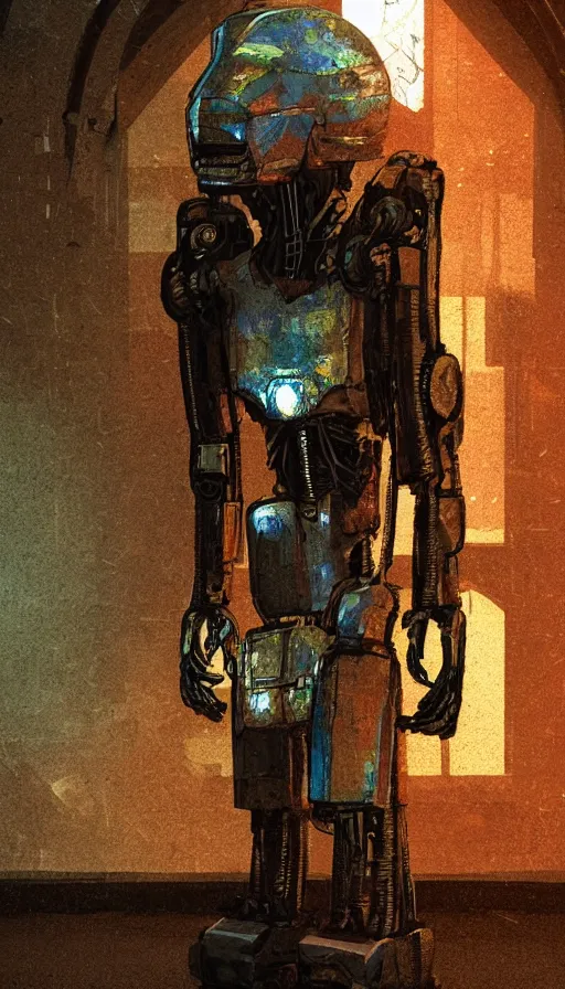 Prompt: portrait of broken humanoid metal robot praying in empty church, sunshine through window, bladerunner, cold color scheme, digital illustration, artstation, cinematic composition, detailed textures