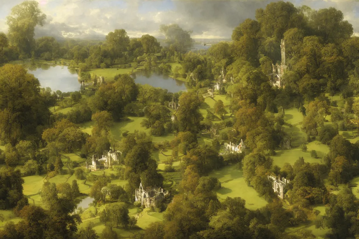 Image similar to aerial view of english stately home, lawns, gardens, lake, woodland, fantasy, carl spitzweg, g liulian, david curtis, christophe vacher, james paick