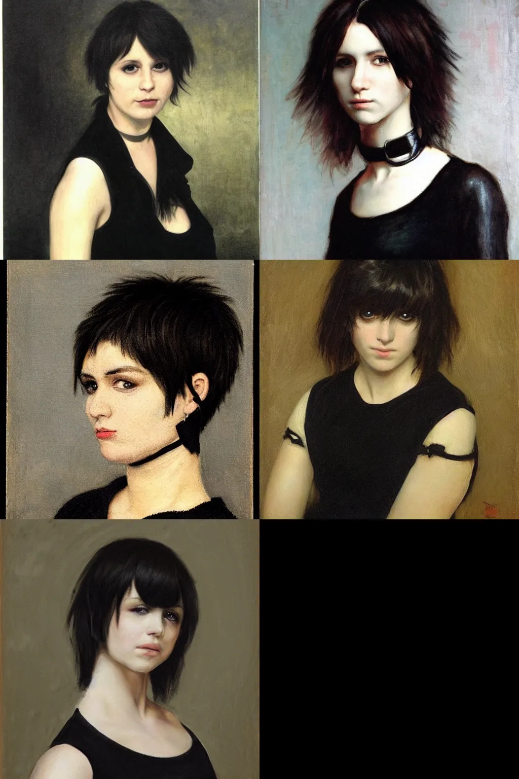 Prompt: an emo portrait by albrecht anker. her hair is dark brown and cut into a short, messy pixie cut. she has a slightly rounded face, with a pointed chin, large entirely - black eyes, and a small nose. she is wearing a black tank top, a black leather jacket, a black knee - length skirt, and a black choker..