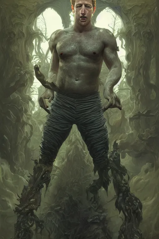 Image similar to portrait of mark zuckerberg as a hulking herculean demon, forest, godlike, full body, fantasy, intricate, elegant, highly detailed, digital painting, artstation, concept art, sharp focus, illustration, art by artgerm and greg rutkowski and alphonse mucha