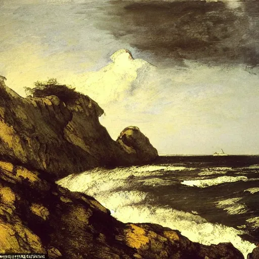 Prompt: Courbet's late landscapes and seascapes can look especially unbelievable: waves, solid like sapphire or granite; pine forests dense and frozen like the rocks of the Ardennes. In a work like ''Black Rocks,'' the atmosphere is viscous, the light of the orange sky hanging, tangibly, like seaweed, on the water and shore: a portentous image, full of longing.