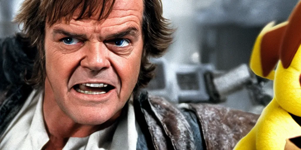 Prompt: Jack Nicholson plays Luke Skywalker and fights Darth Pikachu