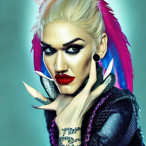 Image similar to a portrait of gwen stefani as lucifer, highly detailed, digital photo, hdri, by christopher bretz and john carpenter, vivid colors, high contrast, 8 k resolution, intricate, photorealistic, smooth, psychedelic color scheme, concept art, award winning, cg society contest winner