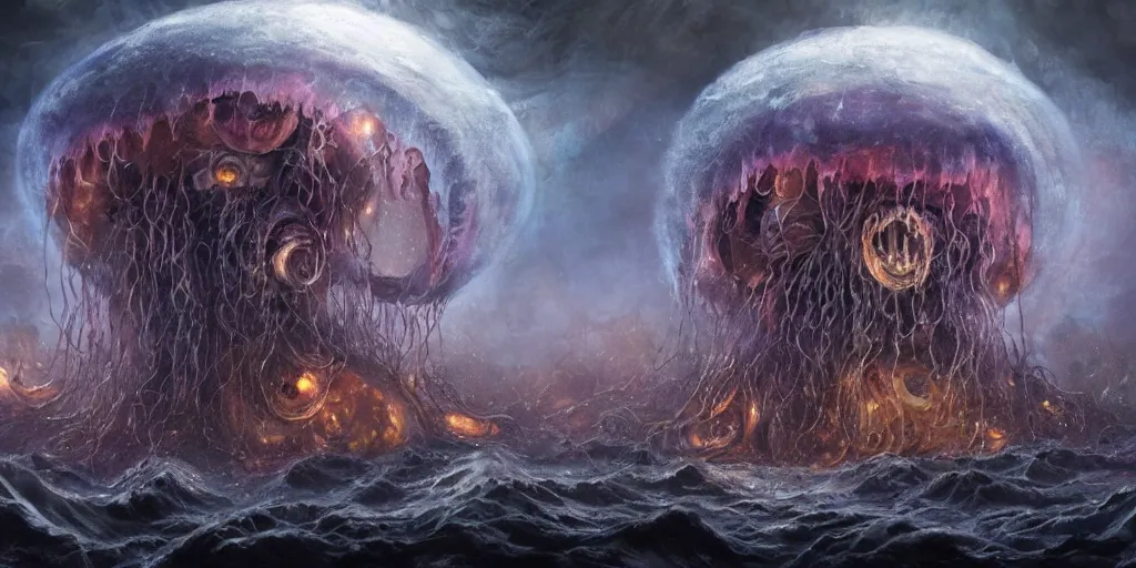 Prompt: concept art of giant translucent glowing jellyfishes, lovecraftian, lots of teeth, melting horror, round moon, rich clouds, fighting the horrors of the unknown, high resolution, very detailed, roaring, volumetric light, mist, grim, fine art, decaying, textured oil over canvas, epic fantasy art, very colorful, ornate, anato finnstark