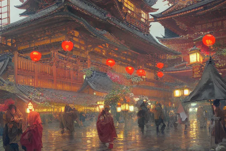 Image similar to a beautiful realistic painting of the lantern festival in old kyoto, neon colors, intricate, elegant, highly detailed, digital painting, artstation, concept art, by krenz cushart and artem demura and alphonse mucha