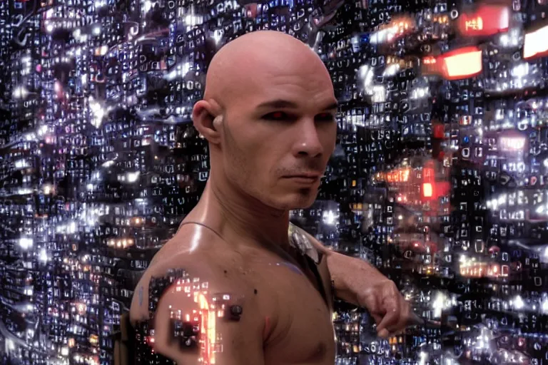 Prompt: cyborg - pitbull, surrounded by screens, in 2 9 9 9, y 2 k cybercore, industrial low - light photography, still from a ridley scott movie