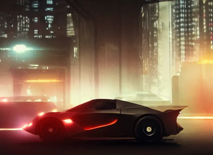 Image similar to Bladerunner 2049 scene of man tuning his sports car in garage dark atmospheric volumetric lighting moody dark cinematic Roger Deakins Cinematography futuristic cyberpunk car GT40 Le Mans GTR R35 Viper RX-8 S14 Lan Evo X ikuo maeda Newton Thomas Sigel