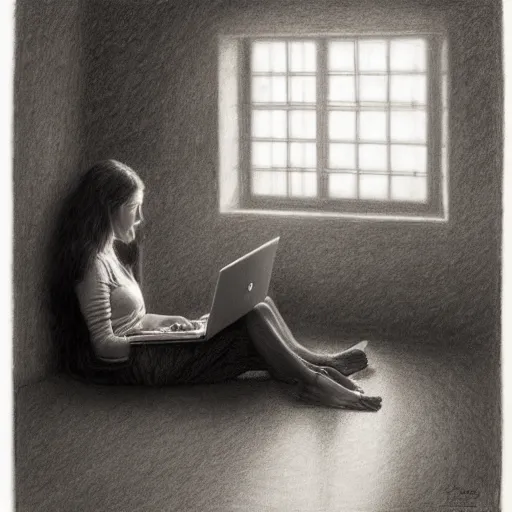 Image similar to highly detailed charcoal drawing of woman sitting on the carpeted floor beside a bed, working on her laptop by aron wiesenfeld